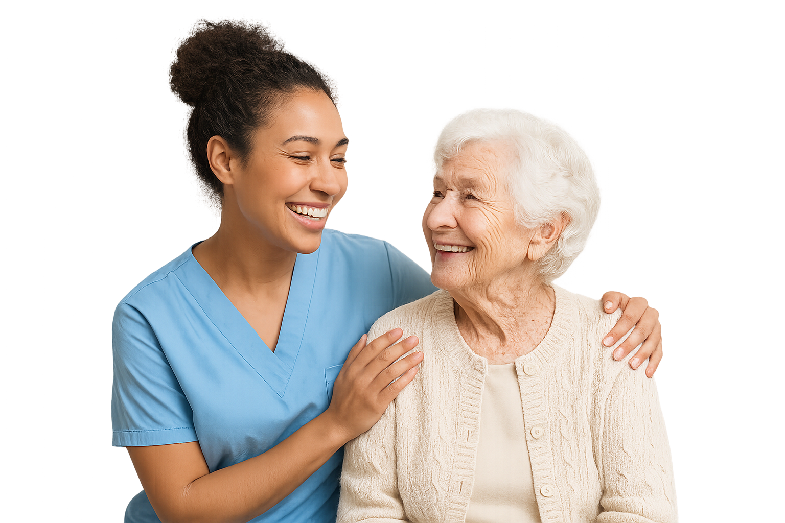 Cuidadora acompanhando idosa em casa